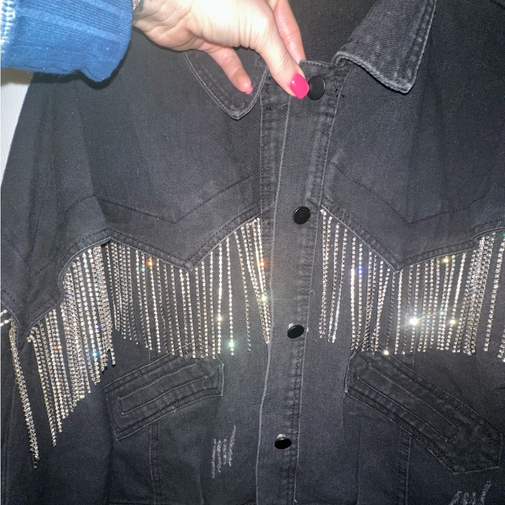 Black Jean jacket with rhinestone across front & back - Picture 4 of 8